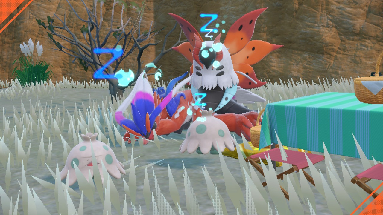 A screenshot from the video game Pokemon Scarlet. It shows a group of Pokemon, each sleeping soundly on the ground near each other. In the center is Volcarona, a flying insectoid creature that resembles a moth.