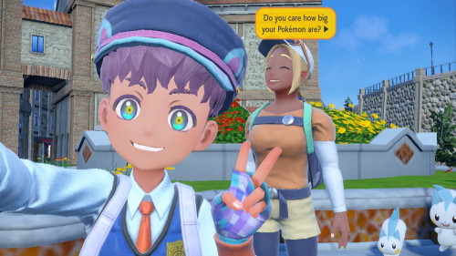 A screenshot from the video game Pokemon Scarlet framed to look like a phone selfie. It shows the author's player avatar smiling in the foreground, with a tall adult woman standing pleasantly in the background. She is the Size Judge